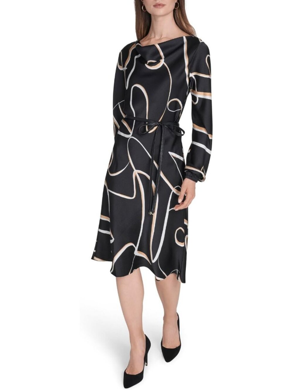 Chic Long Sleeve Cowl Neck Dress with Belt, Geometric Print, Perfect for Any